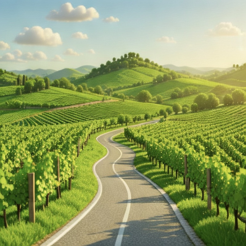 Winding road through green hills.
