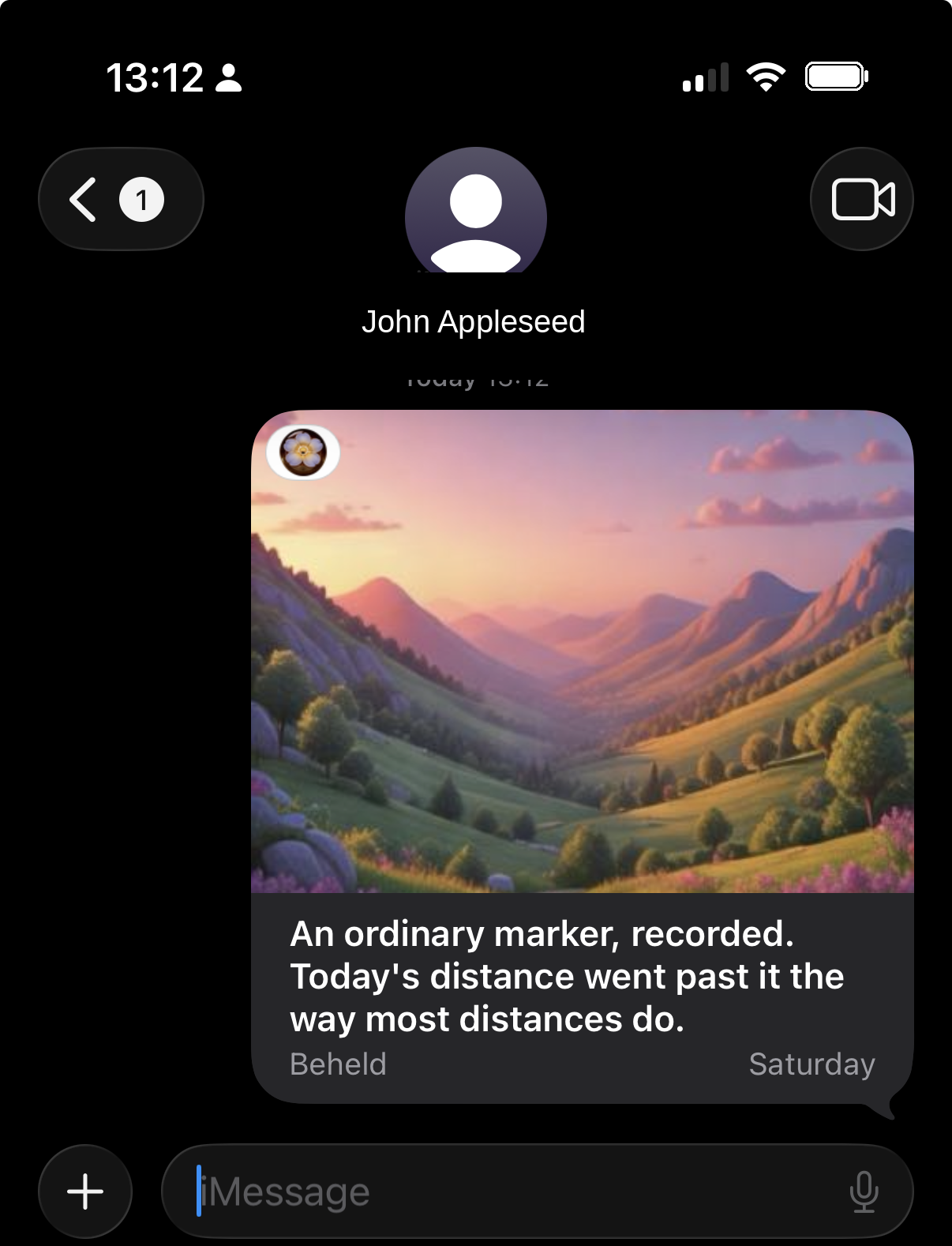 A milestone postcard arriving in an iMessage thread, its caption beneath it.